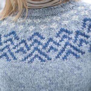 May include: A blue knitted sweater with a white and blue patterned design around the neckline.