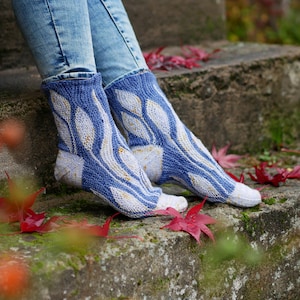 May include: A pair of blue and white patterned socks with a leaf design. The socks are worn by a person sitting on a stone step with autumn leaves scattered around.