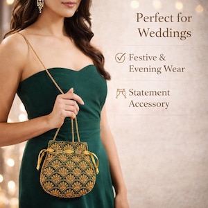 Emerald Green Zardozi Potli Bag, Gold Embroidered Indian Wedding Purse