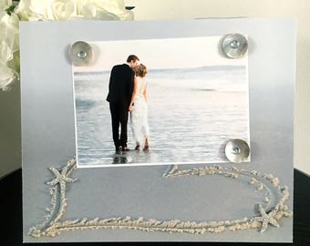 Heart in Sand With Starfish - Beach Wedding Vacation Handmade Gift Present Home Decor Magnetic Picture Frame Size 9 x 11 Holds 5 x 7 Photo