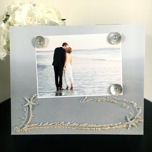 Heart in Sand With Starfish - Beach Wedding Vacation Handmade Gift Present Home Decor Magnetic Picture Frame Size 9 x 11 Holds 5 x 7 Photo