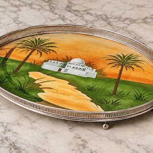 Vintage German Ceramic Serving Tray with Metal Rim, Art Deco Pottery Platter 1930s, Hand Painted Desert Palm Trees Motif, Antique Vanity