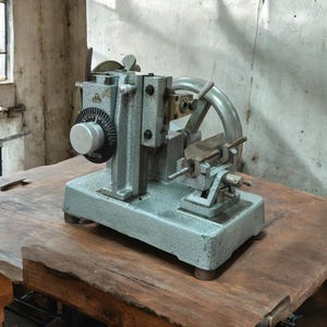 Puede incluir: Máquina metálica gris vintage con un gran dial y un asa circular. La máquina está sobre una superficie de madera y tiene varias palancas y componentes. La máquina parece ser utilizada para trabajos de precisión.