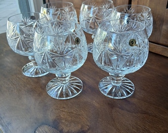 Set di 6 bicchieri da brandy in cristallo vintage, bicchieri da cognac in vetro tagliato, calici con motivo a stelle boho, accessori da bar retrò, regalo in stile metà secolo.
