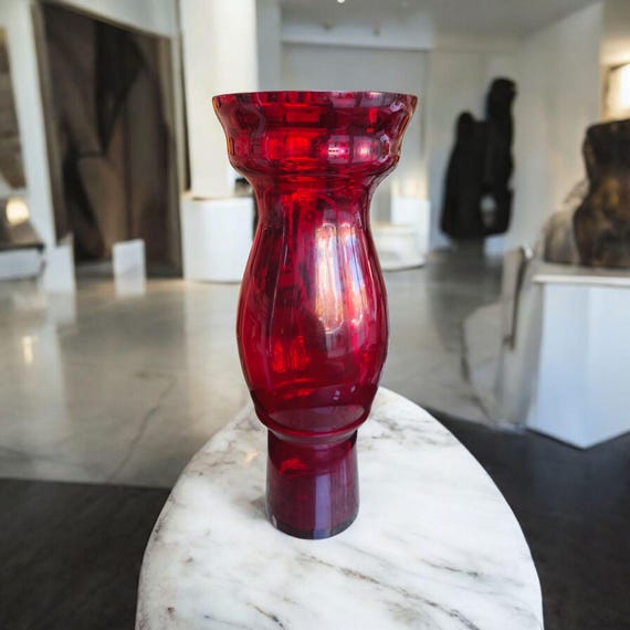 Vintage 1960s Polish red glass vase “Candy” by Zbigniew Horbowy, Sudety Glassworks, mid-century modern art glass decor