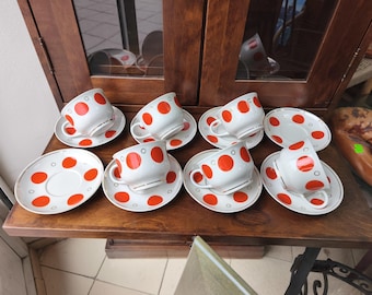 Set di tazze da tè in porcellana sovietica vintage a pois rossi, tazze da caffè URSS da 300 ml, tazze da tè in porcellana russa retrò con piattini, stoviglie di metà secolo