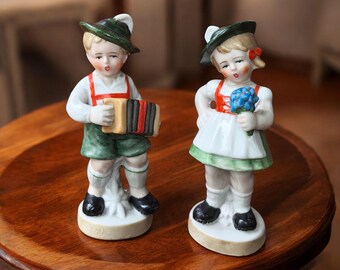 Vintage Fasold Stauch Porcelain Tyrolean Pair - Boy Accordion Player & Girl with Flowers - German Marked F S, 15cm tall