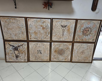 Set of 8 Masonic & Esoteric Canvas Art with Hand-Painted Details  Freemason Wall Decor, Occult Alchemy Symbols,sold separately, Framed