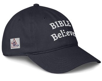 Low-profile cap, bold text revealing Faith and beliefs, ice breaker for discussing the Bible.