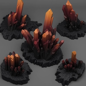 May include: Five clusters of orange and red crystal formations on black, textured bases. The crystals have a gradient color scheme, transitioning from dark red to bright orange. The bases have a rough, rocky appearance.