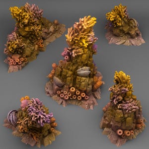 May include: Five miniature coral reef sculptures in shades of yellow, orange, pink, and purple. The coral formations are attached to rocky bases. The sculptures are designed for tabletop gaming or display.