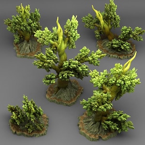 Op de afbeelding: Een verzameling miniatuur, gestileerde bomen met getextureerd groen blad en lichtgroene stammen. De bomen staan op rotsachtige, aardetinten bases, waardoor een miniatuur bosscène ontstaat. Bovenaanzicht.