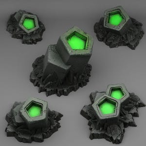May include: A collection of five dark gray, rocky terrain pieces featuring pentagonal recessed centers filled with a bright, glowing neon green substance. Each piece has a textured, jagged base resembling stone formations with varying heights.