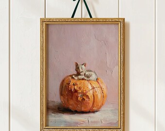 Halloween Autumn Cat on Pumpkin Painting/ Digital Download Print