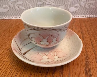 Signed Japanese Ceramic Teacup and Saucer Set - Hand Painted - Usagi Studio Pottery - Vintage - Kiyo