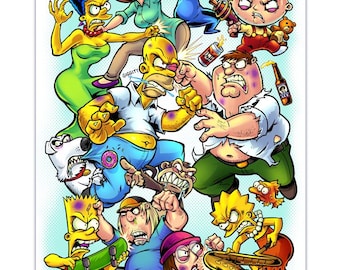 Puede incluir: Una ilustración colorida de las familias Simpson y Griffin peleando. Los personajes están dibujados en un estilo de dibujos animados y todos visten ropa diferente. El fondo es de color azul claro. El texto "Giggity" está escrito en la imagen.