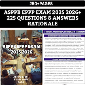May include: A book cover with the title "ASPPB EPPP EXAM 2025 2026+ 225 QUESTIONS & ANSWERS RATIONALE" in white text on a black background. The cover also features a classroom scene and text about neurodiversity and trauma-informed assessment.