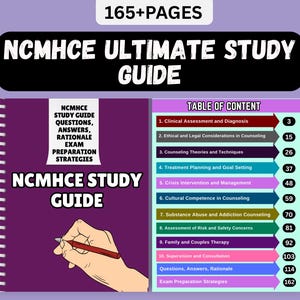 May include: A study guide with the title "NCMHCE Ultimate Study Guide" on a purple background. The guide includes a table of contents and a hand holding a pen. The guide is 165+ pages and covers topics like clinical assessment and crisis intervention.