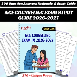以下が含まれることがあります： NCEカウンセリング試験2026-2027の学習ガイド。表紙には、2人の学習者のイラストと「NCE COUNSELING EXAM IN 2026-2027」と「270 + Unique Pages」の文字が描かれています。