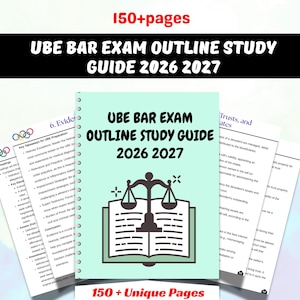 Puede incluir: Una guía de estudio para el examen de la barra UBE, con una cubierta verde claro. El texto dice "UBE BAR EXAM OUTLINE STUDY GUIDE 2026 2027". La imagen incluye varias páginas y el texto "150+ pages" y "150 + Unique Pages".
