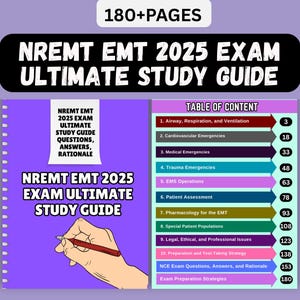 Puede incluir: Una guía de estudio para el examen NREMT EMT 2025. La portada es morada con el título "NREMT EMT 2025 EXAM ULTIMATE STUDY GUIDE" en texto blanco y negro. La guía incluye una tabla de contenido y tiene más de 180 páginas.
