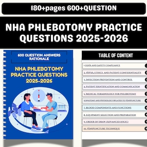 May include: A blue book titled "NHA Phlebotomy Practice Questions 2025-2026" with the text "600 Question Answers Rationale." The cover shows medical professionals. The top banner reads "180+ pages 600+QUESTION."