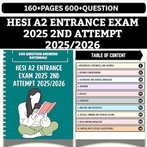 May include: A teal textbook titled "HESI A2 ENTRANCE EXAM 2025 2ND ATTEMPT 2025/2026" with a drawing of a person reading. The book includes a table of contents and the text "160+ PAGES 600+ QUESTION".