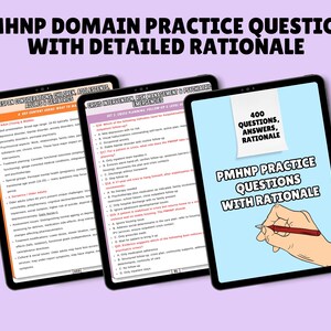 May include: Three digital tablets displaying educational content. The tablets show the text "PMHNP DOMAIN PRACTICE QUESTIONS WITH DETAILED RATIONALE". One tablet displays "400 QUESTIONS, ANSWERS, RATIONALE". The tablets are on a purple background.