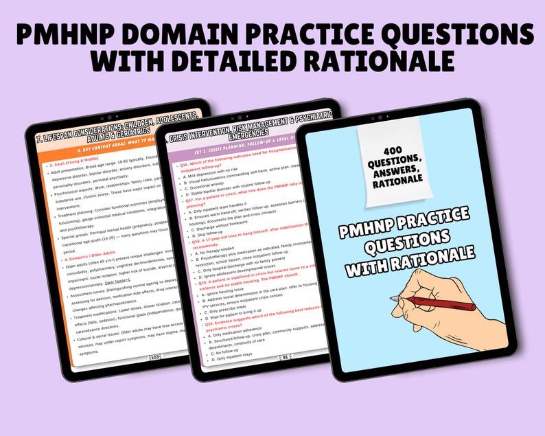 May include: Three digital tablets displaying educational content. The tablets show the text "PMHNP DOMAIN PRACTICE QUESTIONS WITH DETAILED RATIONALE". One tablet displays "400 QUESTIONS, ANSWERS, RATIONALE". The tablets are on a purple background.