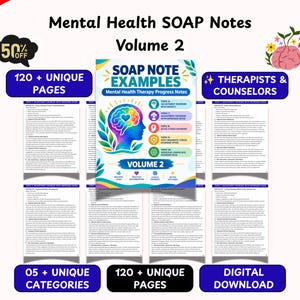 Può includere: Una guida digitale intitolata Mental Health SOAP Notes Volume 2, con un'illustrazione colorata del cervello, 120+ pagine ed esempi di note di progresso terapeutico per consulenti. La copertina elenca vari disturbi mentali.