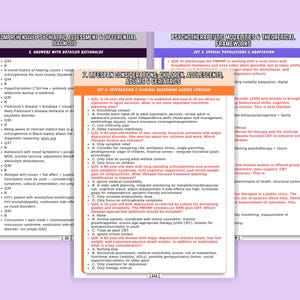 May include: Three pages of educational material with text and bullet points. The pages are titled "Comprehensive Psychiatric Assessment & Differential Diagnosis", "Psychotherapeutic Modalities & Theoretical Frameworks", and "Lifespan Considerations: Children, Adolescents, Adults & Geriatrics".