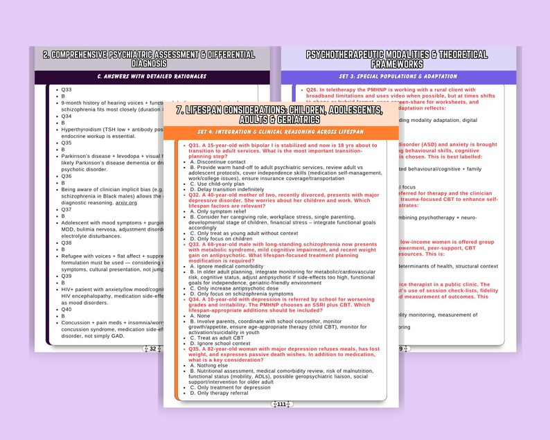 May include: Three pages of educational material with text and bullet points. The pages are titled "Comprehensive Psychiatric Assessment & Differential Diagnosis", "Psychotherapeutic Modalities & Theoretical Frameworks", and "Lifespan Considerations: Children, Adolescents, Adults & Geriatrics".