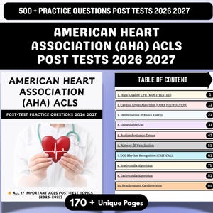 May include: A book cover and a table of contents for ACLS post-test practice questions. The cover features a person holding a red heart with an EKG line. The table of contents lists topics like CPR, defibrillation, and epinephrine use.