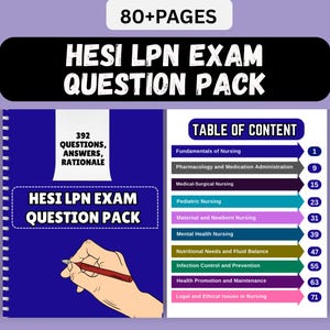 Peut inclure: Un guide d'étude bleu et blanc relié en spirale intitulé "HESI LPN EXAM QUESTION PACK" avec le texte "80+ PAGES" en haut. La couverture comprend le texte "392 QUESTIONS, ANSWERS, RATIONALE". Une table des matières répertorie les sujets infirmiers.