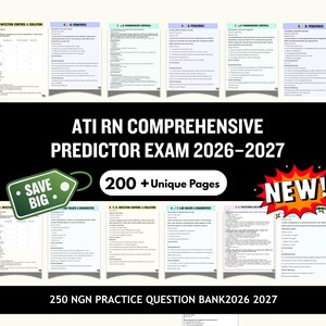 Könnte beinhalten: Lernmaterialien für die ATI RN Comprehensive Predictor Exam 2026-2027 mit "200 + Unique Pages". Das Bild enthält den Text "SAVE BIG" und "NEW!" in einem Schwarz-Weiß-Design, mit Übungsfragen.
