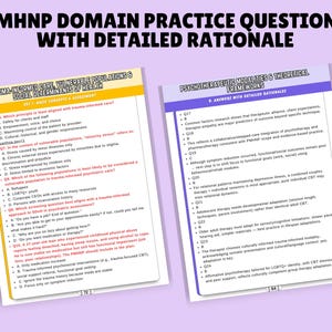 May include: Two study guides with detailed rationale for PMHNP domain practice questions. The guides cover trauma-informed care, vulnerable populations, social determinants of health, and psychotherapeutic modalities. Text includes questions and answers.
