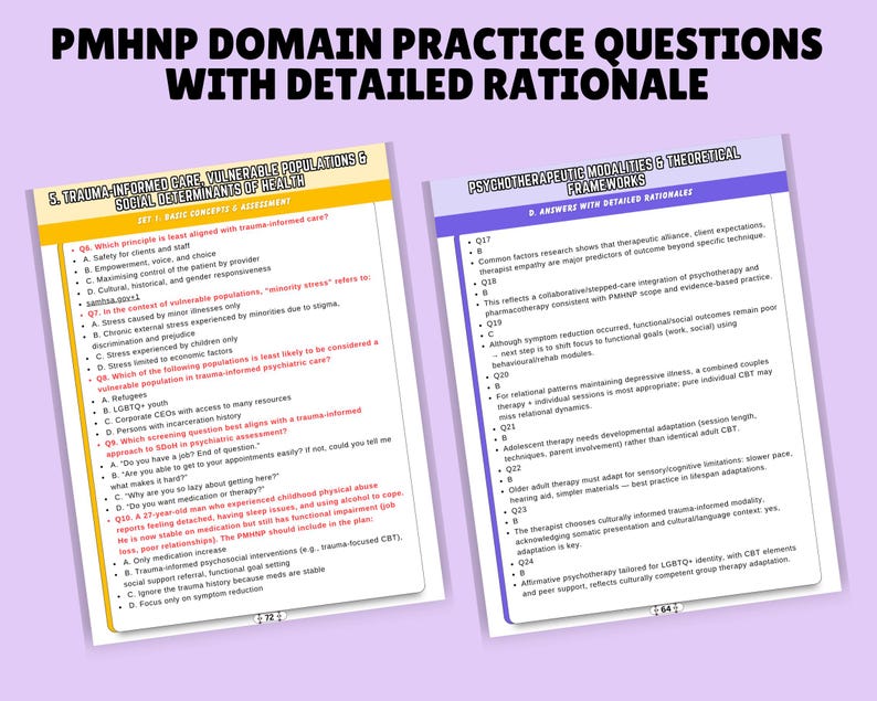 May include: Two study guides with detailed rationale for PMHNP domain practice questions. The guides cover trauma-informed care, vulnerable populations, social determinants of health, and psychotherapeutic modalities. Text includes questions and answers.