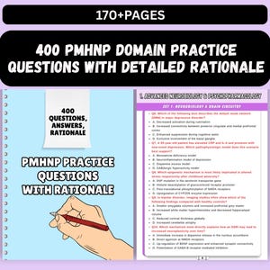 May include: A book cover with the title "400 PMHNP Domain Practice Questions with Detailed Rationale." The cover is light blue with a hand holding a pen. The text "170+ PAGES" is at the top.