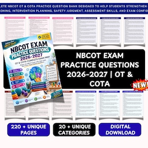 Op de afbeelding: Een digitale download van een NBCOT-examen oefenvragenbank voor 2026-2027, met meer dan 220 pagina's en 20 categorieën. De omslag toont de titel NBCOT EXAM PRACTICE QUESTIONS 2026-2027 OT & COTA COMPLETE EXAM PREP met diverse studie-afbeeldingen.