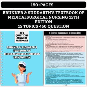 May include: A textbook cover with the title "BRUNNER & SUDDARTH'S TEXTBOOK OF MEDICALSURGICAL NURSING 15TH EDITION". The cover features a nurse illustration and the text "450 QUESTIONS ANSWERS RATIONALE".