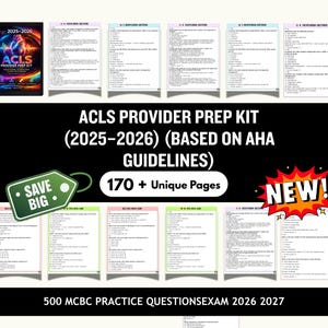 May include: An ACLS Provider Prep Kit (2025-2026) with 170+ unique pages and 500 MCBC practice questions. The kit includes a book and several pages of practice questions. The text reads "NEW!" and "SAVE BIG."