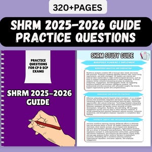 Może przedstawiać: Przewodnik zatytułowany "SHRM 2025-2026 Guide Practice Questions" z ponad 320 stronami. Okładka jest fioletowa z białym tekstem i dłonią trzymającą czerwony długopis. Przewodnik jest przeznaczony na egzaminy CP i SCP. Przewodnik zawiera również SHRM Study Guide.