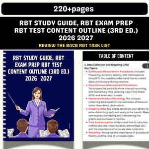 May include: A study guide for the RBT exam, featuring a blue cover with the title "RBT Study Guide, RBT Exam Prep RBT Test Content Outline (3rd Ed.) 2026 2027". The image includes a table of contents and a graphic of a woman in a purple suit.