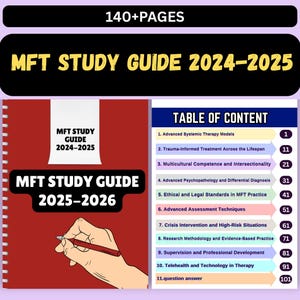 Puede incluir: Una guía de estudio roja y blanca con espiral titulada "MFT Study Guide 2024-2025" y "MFT Study Guide 2025-2026". La portada presenta una mano sosteniendo un bolígrafo. La guía incluye un índice.