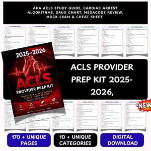 以下が含まれることがあります： 2025-2026年版ACLSプロバイダー準備キット。学習ガイド、心停止アルゴリズム、薬剤チャート、模擬試験が含まれています。表紙には赤い心臓のグラフィックと「ACLS PROVIDER PREP KIT」の文字が記載されています。170ページ以上、10以上のカテゴリーで構成されています。
