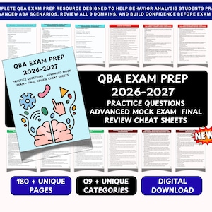 May include: A QBA exam prep resource for 2026-2027 featuring practice questions, advanced mock exams, and final review cheat sheets. The digital download includes 180+ pages across 9 categories, with a cover showing a brain icon and text.
