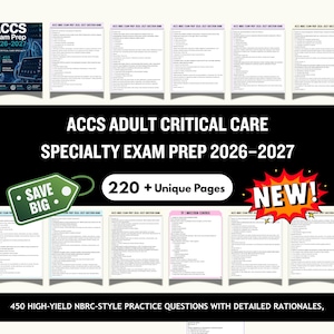 Pode incluir: Materiais de estudo para o ACCS Adult Critical Care Specialty Exam Prep 2026-2027. A imagem inclui uma capa com o texto "ACCS Exam Prep 2026-2027" e várias páginas com questões práticas. A imagem também inclui o texto "220 + Unique Pages" e "450 High-Yield NBRC-Style Practice Questions".