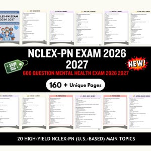 Può includere: Immagine promozionale per l'esame NCLEX-PN, con il testo "NCLEX-PN EXAM 2026 2027" e "600 QUESTION MENTAL HEALTH EXAM 2026 2027". L'immagine include una grafica "NEW!" e un'etichetta "SAVE BIG". Evidenzia anche "160 + Unique Pages" e "20 HIGH-YIELD NCLEX-PN (U.S.-BASED) MAIN TOPICS".