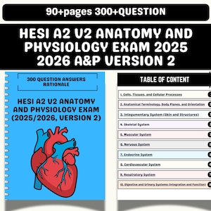 May include: A textbook titled "HESI A2 U2 Anatomy and Physiology Exam 2025/2026, Version 2" with a blue cover and a detailed illustration of a heart. The book includes a table of contents and the text "90+ pages 300+ QUESTION".