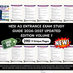 May include: HESI A2 Entrance Exam Study Guide 2026-2027 Updated Edition Volume 1, featuring 290+ unique pages of study notes, practice questions, and answer rationales. The document includes a cover page and multiple interior pages with text.
